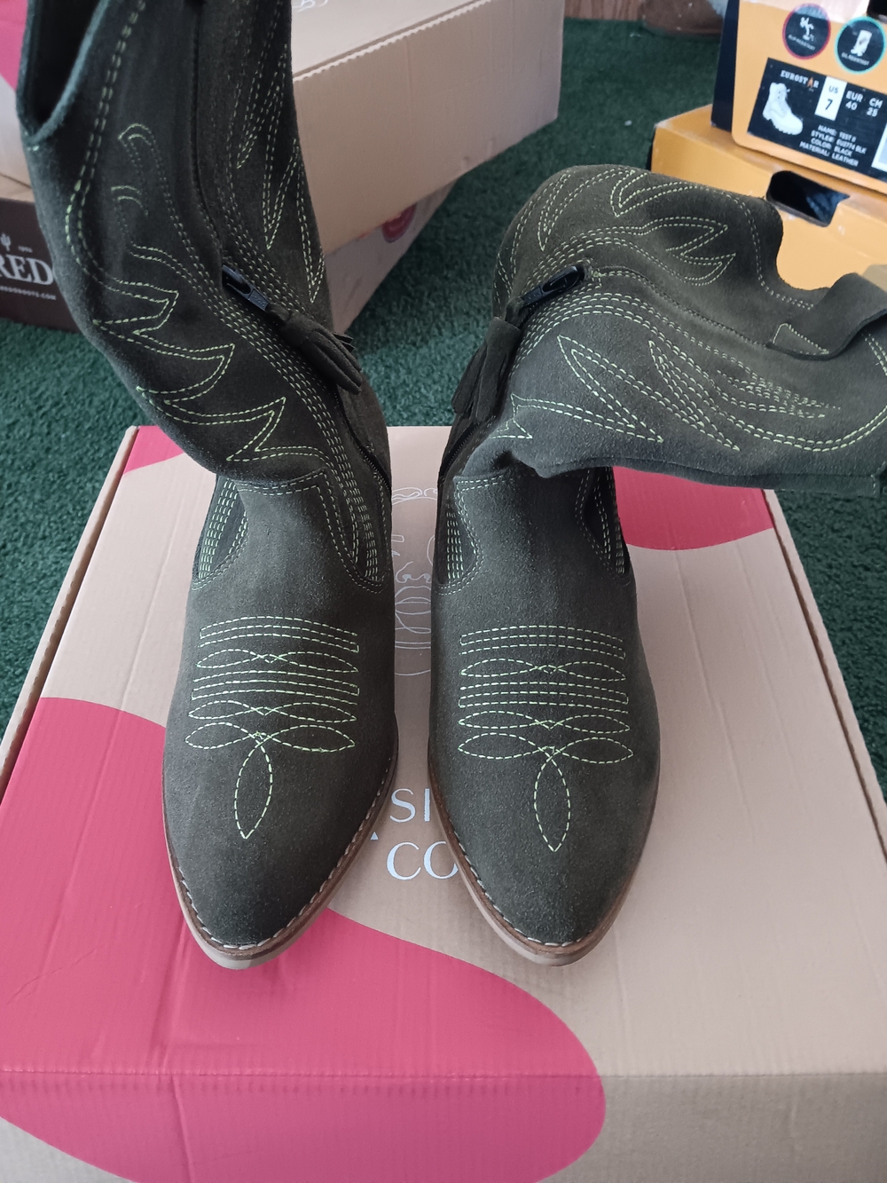 Silva Cobos Suede Western Booties in Olive Green - Women's Fashion Boots 7.5